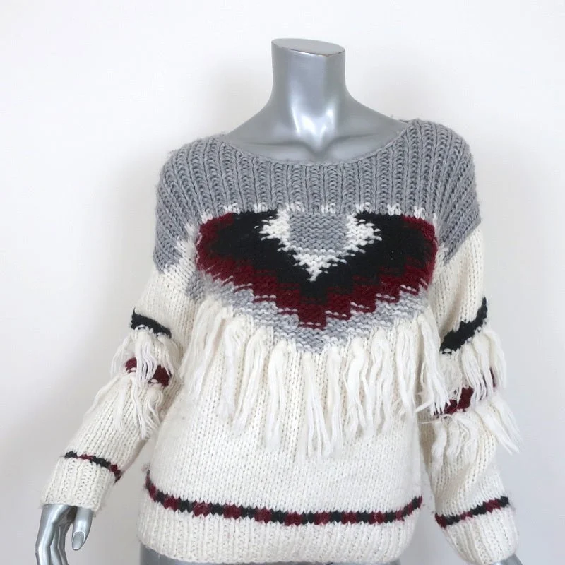 Current/Elliott Fringe Sweater Rosemary Cream/Gray Intarsia Knit Size 0 Slim Fit Regular Fit Oversized Current/Elliott Fringe Sweater Rosemary Cream/Gray Intarsia Knit Size 0 Slim Fit Regular Fit Oversized