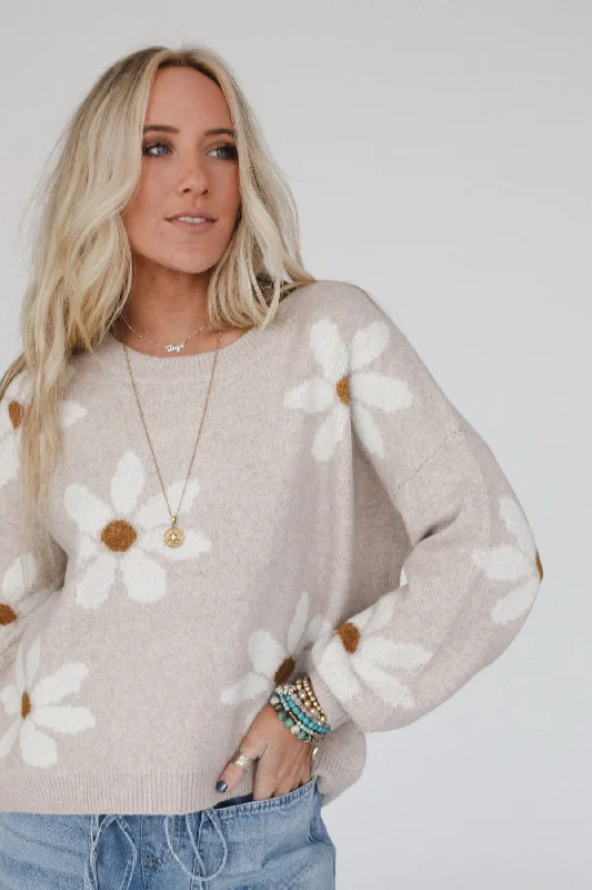 Daisy Path Sweater - Beige Nylon Fabric Polyester Fabric Spandex Fabric