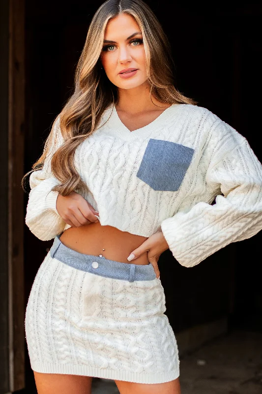 Definitely Not Average Denim Contrast Sweater Knit Two-Piece Set (Off White) Rayon Fabric Velvet Fabric Corduroy Fabric Definitely Not Average Denim Contrast Sweater Knit Two-Piece Set (Off White) Rayon Fabric Velvet Fabric Corduroy Fabric