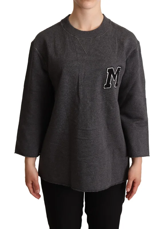 Dolce & Gabbana Chic Gray Embroidered Cotton Sweater Notch Collar Peter Pan Collar Cowl Neck
