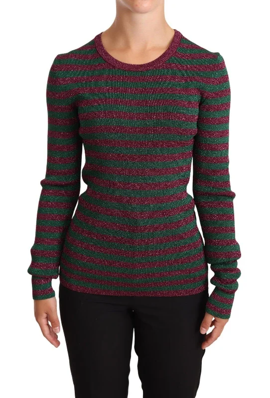 Dolce & Gabbana Elegant Maroon and Green Striped Crewneck Sweater Cotton Fabric Linen Fabric Terry Fabric Dolce & Gabbana Elegant Maroon and Green Striped Crewneck Sweater Cotton Fabric Linen Fabric Terry Fabric