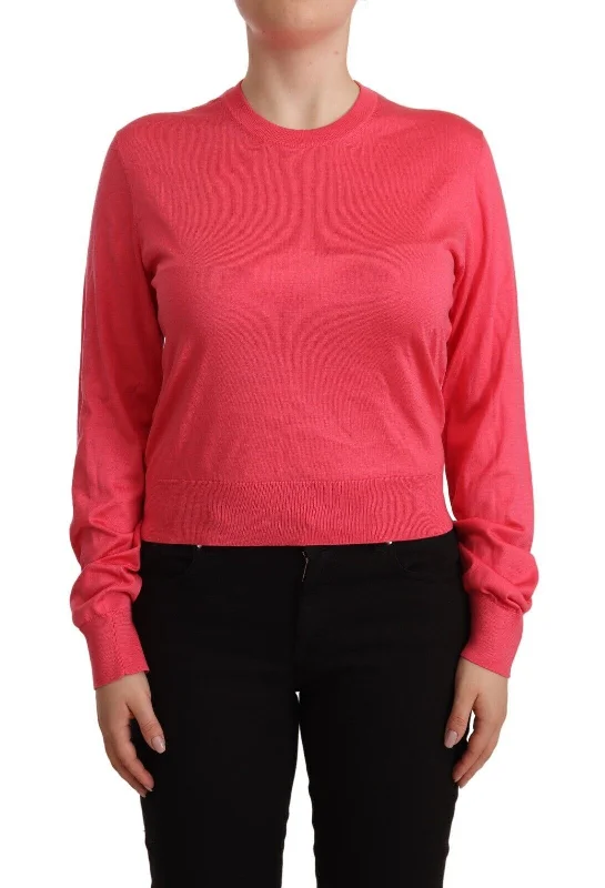 Dolce & Gabbana Elegant Pink Silk Crewneck Sweater Striped Floral Plaid