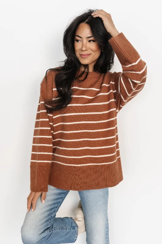 Emerson Stripe Knit Sweater | Dark Camel + Ivory Glossy Satin Silk