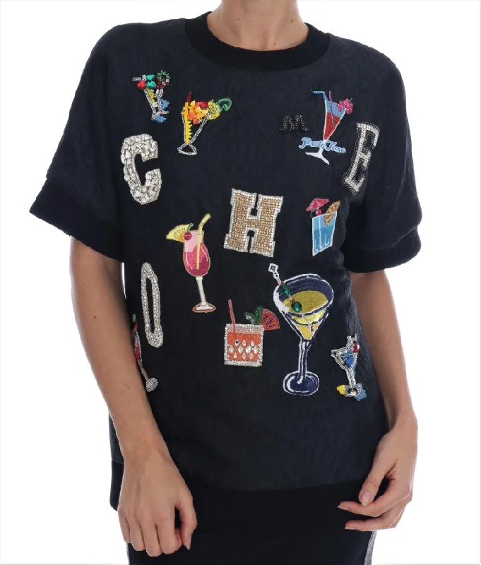 Enchanted Crystal Embellished Black Sweater Mesh Sweater Canvas Denim