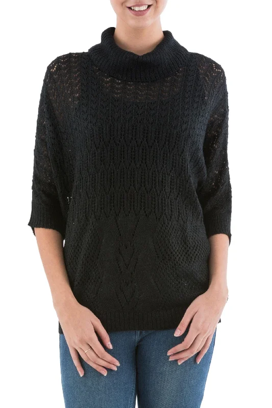 Evening Flight in Black Black Pullover Sweater with Three Quarter Length Sleeves Mesh Sweater Canvas Denim Evening Flight in Black Black Pullover Sweater with Three Quarter Length Sleeves Mesh Sweater Canvas Denim
