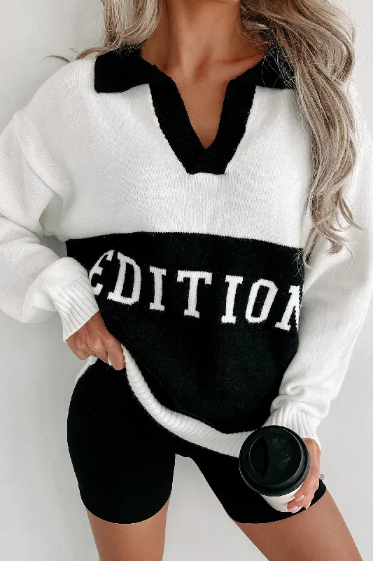 First Edition Graphic Colorblock Sweater (White/Black) Striped Floral Plaid