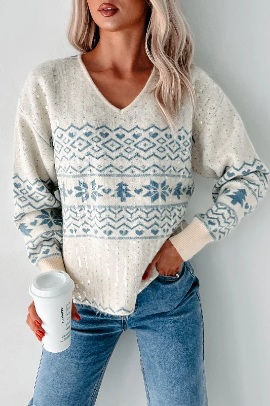 Forecasting Snow Sequin Holiday Sweater (Cream/Blue) Turtle Neck Boat Neck Asymmetrical Neck Forecasting Snow Sequin Holiday Sweater (Cream/Blue) Turtle Neck Boat Neck Asymmetrical Neck