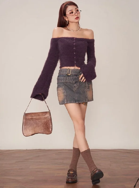 Grape Solid Color Purple Fluff Off The Shoulder Long Flare Sleeve Cropped Sweater Top Anti-Pilling Anti-Shrink Durable Grape Solid Color Purple Fluff Off The Shoulder Long Flare Sleeve Cropped Sweater Top Anti-Pilling Anti-Shrink Durable