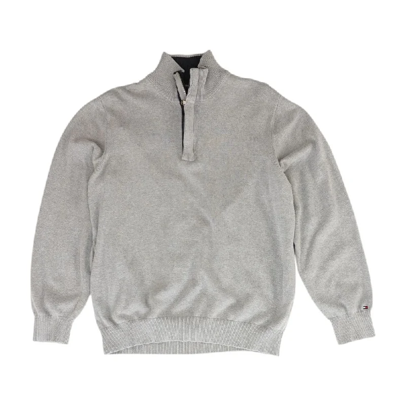 Gray Solid 1/4 Zip Sweater Hooded Caped Shawl Collar