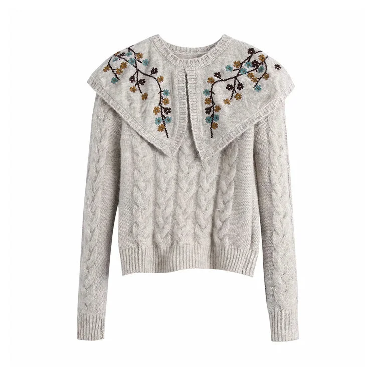 Heavy industry flower embroidery doll neck sweater 7220 Front Pockets Side Pockets Patch Pockets Heavy industry flower embroidery doll neck sweater 7220 Front Pockets Side Pockets Patch Pockets