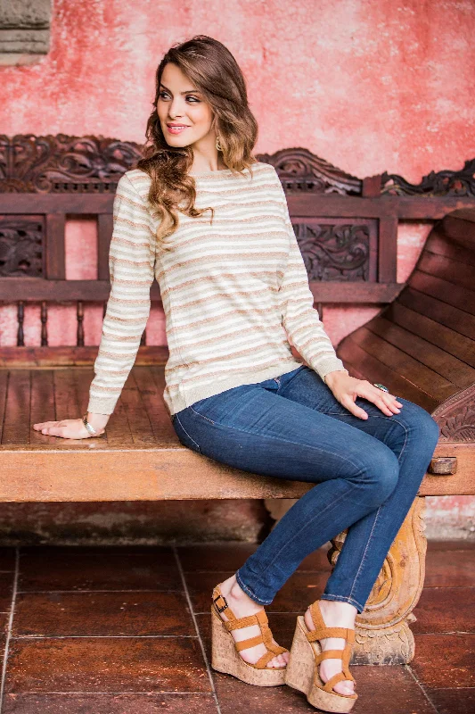 Horizon Women's Cotton Sweater with Ivory Jade Brown Stripes Notch Collar Peter Pan Collar Cowl Neck Horizon Women's Cotton Sweater with Ivory Jade Brown Stripes Notch Collar Peter Pan Collar Cowl Neck