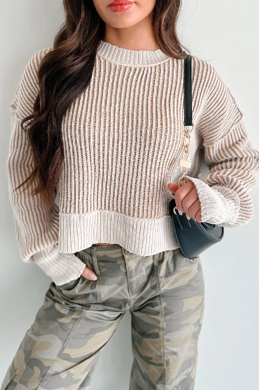 Look Deeper Two Tone Striped Sweater (Ecru) Toggled Drawstring Belted