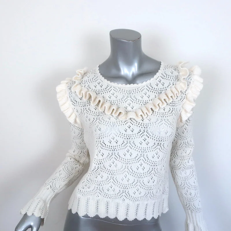 LoveShackFancy Sweater Natalie Cream Ruffled Pointelle Knit Size Medium Lightweight Heavyweight Midweight LoveShackFancy Sweater Natalie Cream Ruffled Pointelle Knit Size Medium Lightweight Heavyweight Midweight