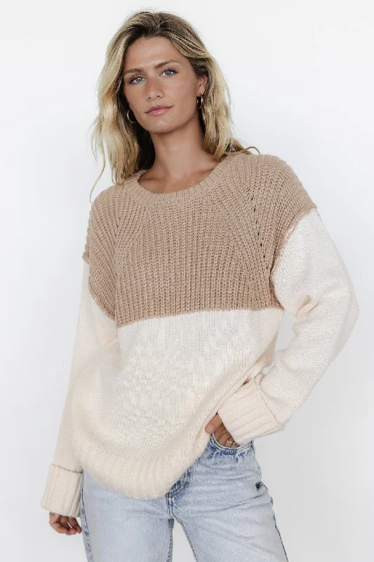 Mabel Cuffed Sweater | Cream + Taupe Print Jacquard Patchwork