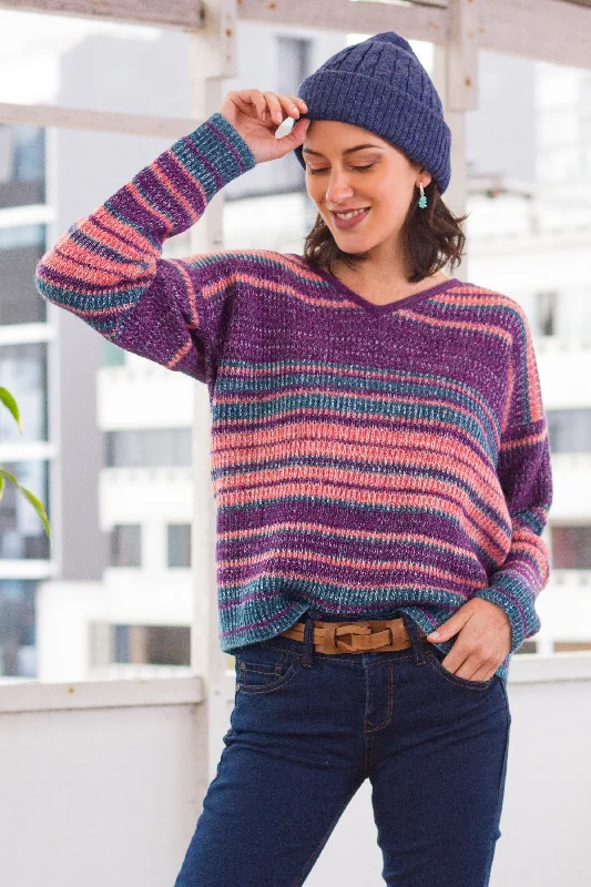 Mesa Sunrise Multi-Color Stripe Alpaca Blend Long Sleeve V-Neck Sweater Jersey Fabric Tulle Fabric Batik Fabric Mesa Sunrise Multi-Color Stripe Alpaca Blend Long Sleeve V-Neck Sweater Jersey Fabric Tulle Fabric Batik Fabric