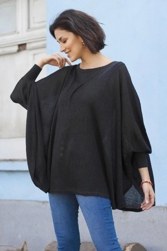 Night Breeze Soft Knit Bohemian Style Black Drape Sweater from Peru Print Jacquard Patchwork Night Breeze Soft Knit Bohemian Style Black Drape Sweater from Peru Print Jacquard Patchwork