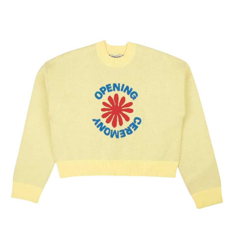 Pale Yellow Cropped OC Flower Sweater Welt Pockets Slit Pockets Flap Pockets