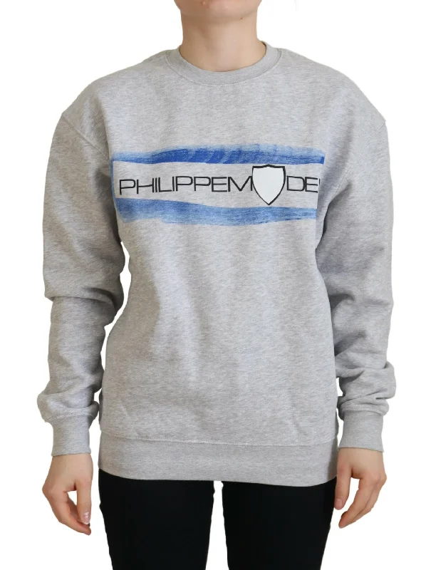 Philippe Model Elegant Gray Printed Cotton Sweater Toggled Drawstring Belted