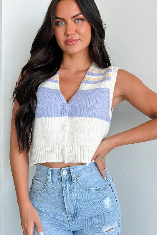 Play It Smart Colorblock Sweater Vest Top (Ivory/Lavender Multi) Seamless Knitted Crochet Play It Smart Colorblock Sweater Vest Top (Ivory/Lavender Multi) Seamless Knitted Crochet