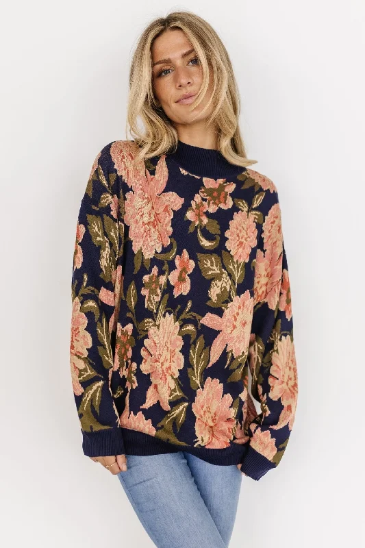 Polly Sweater | Navy Multi Floral Cotton Fabric Linen Fabric Terry Fabric