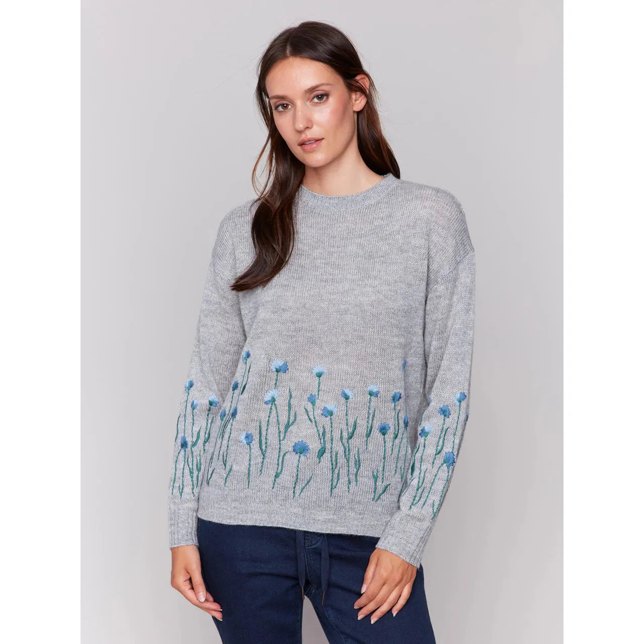Sweater w/Embroidered Flowers | Grey Welt Pockets Slit Pockets Flap Pockets