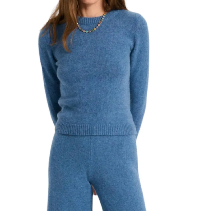 Sarra Bracelet Crew Sweater In Denim Heather Handmade Hand-knitted Hand-woven