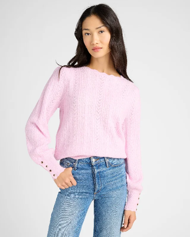 Scallop Trim Fairisle Button Sweater Satin Blend Silk Blend Wool Blend