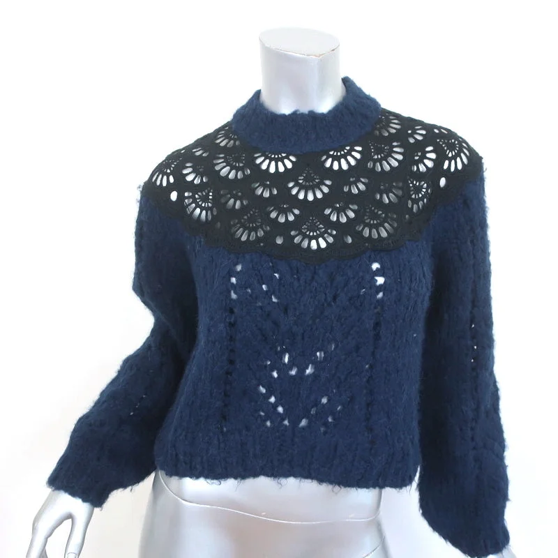SEA Eyelet-Inset Sweater Navy Alpaca-Wool Size 2 Mock Neck Pullover Toggled Drawstring Belted SEA Eyelet-Inset Sweater Navy Alpaca-Wool Size 2 Mock Neck Pullover Toggled Drawstring Belted
