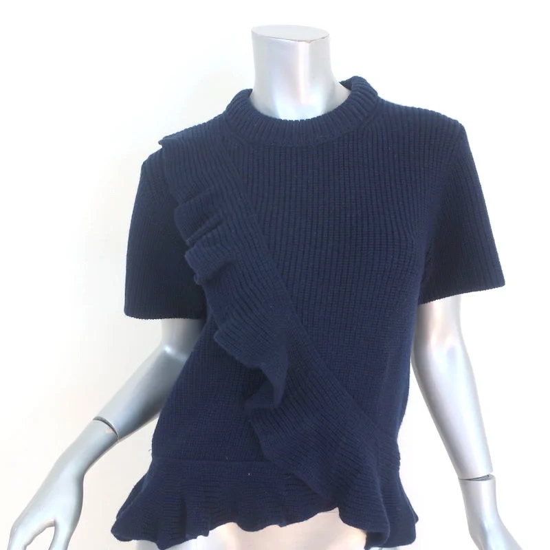 SEA Ruffle Sweater Navy Ribbed Wool Size Medium Short Sleeve Top Fleece Sweater Nylon Polyester