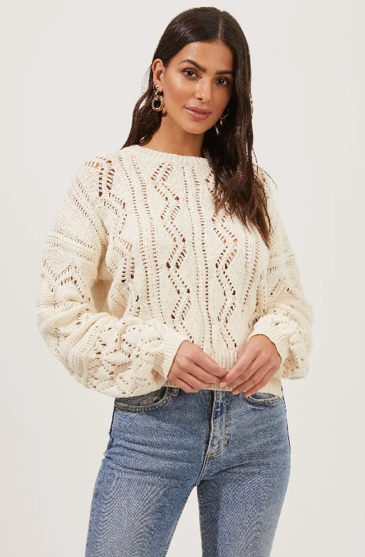 Soulmate Pointelle Knit Sweater Boat Neck Shawl Collar Notched Collar