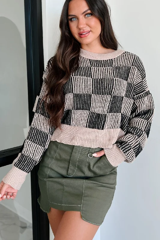 Strategic Game Play Checker Print Sweater (Beige/Black) Front Pockets Side Pockets Patch Pockets