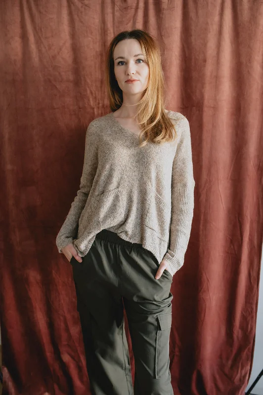 The Robin Pocket Sweater - Taupe Hooded Sweater Collared Sweater Shawl Collar