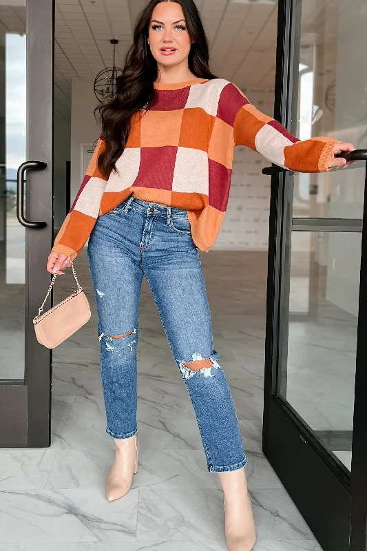 Under The Falling Leaves Colorblock Sweater (Brick Multi) Mesh Sweater Canvas Denim