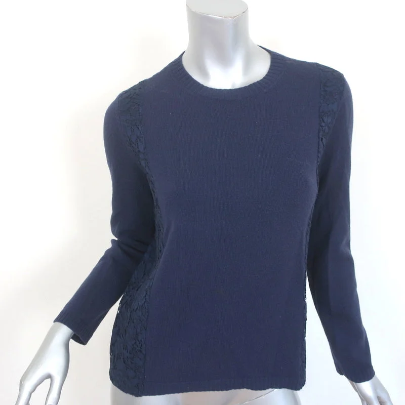 Valentino Sweater Navy Lace-Paneled Wool-Cashmere Size Small Crewneck Pullover Satin Blend Silk Blend Wool Blend Valentino Sweater Navy Lace-Paneled Wool-Cashmere Size Small Crewneck Pullover Satin Blend Silk Blend Wool Blend