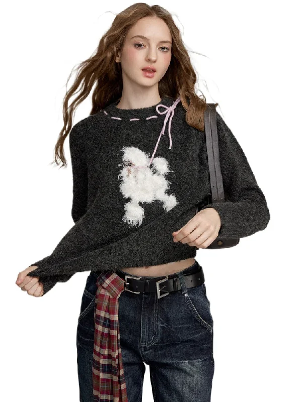 Dog Motif Wool Blend Sweater Denim Fabric Leather Fabric Suede Fabric