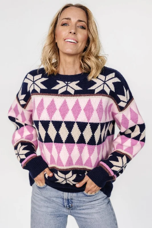 Zermatt Sweater | Navy + Pink Print Mesh Sweater Canvas Denim