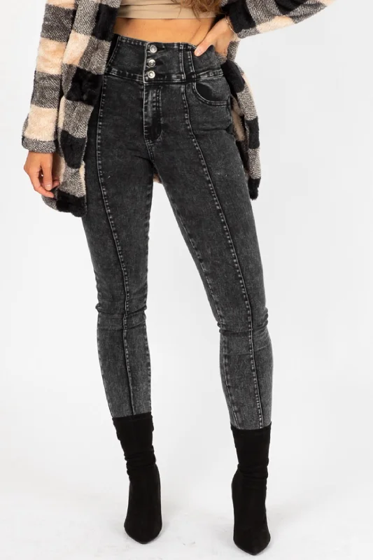 3 Button Jeans In Black Acid Wash Chic Ripped Jeans