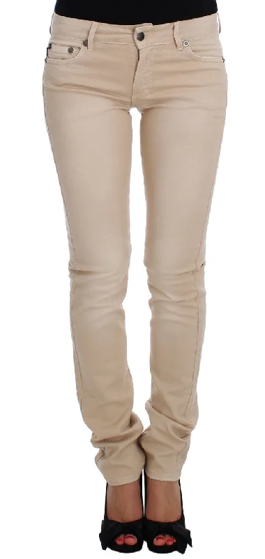 Cavalli Beige Cotton Stretch Slim Fit Jeans Comfortable Folded Hem Jeans