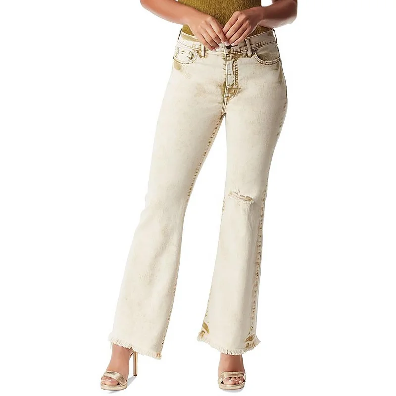 Womens Denim Raw Hem Flared Jeans Trendy Patchwork Denim Jeans
