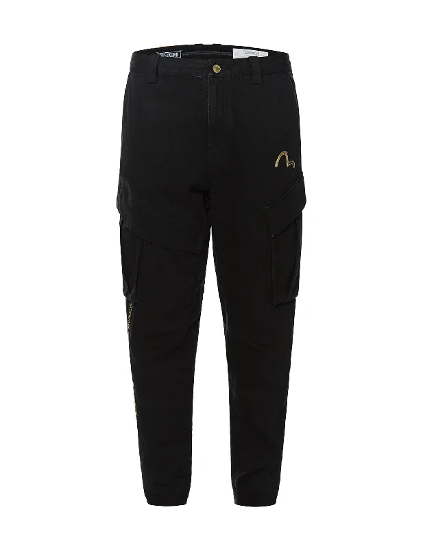 Calligraphy Embroidered 3D Cargo Jeans Comfortable Straight-Legged Denim