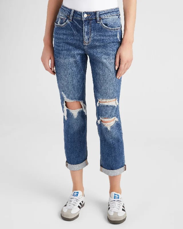 Cuffed Vintage Boyfriend Jeans Stylish Slim Fit Denim