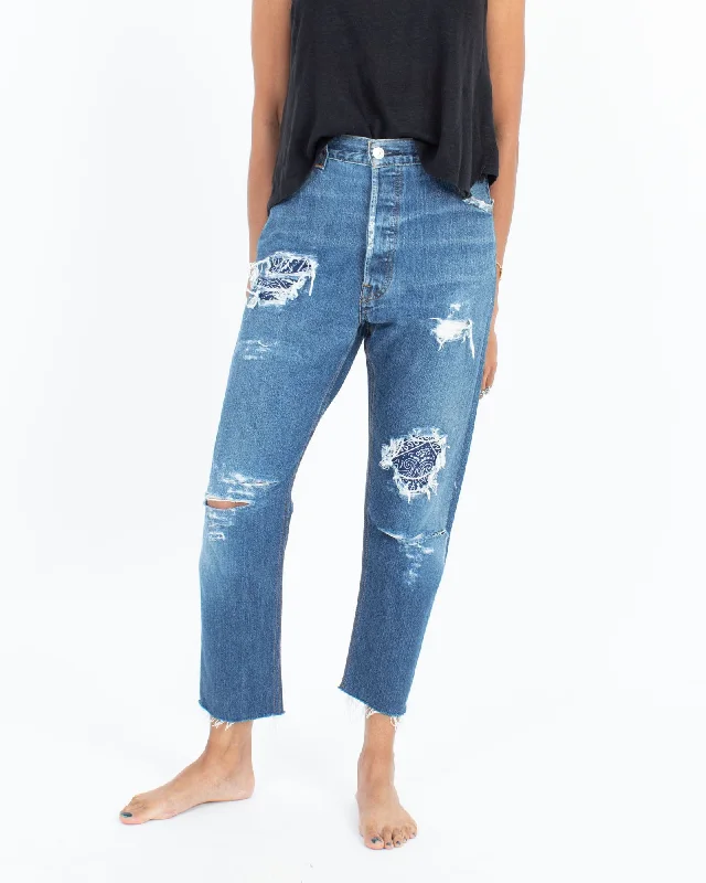 Patch Distressed Jeans Classic Blue Denim Jeans