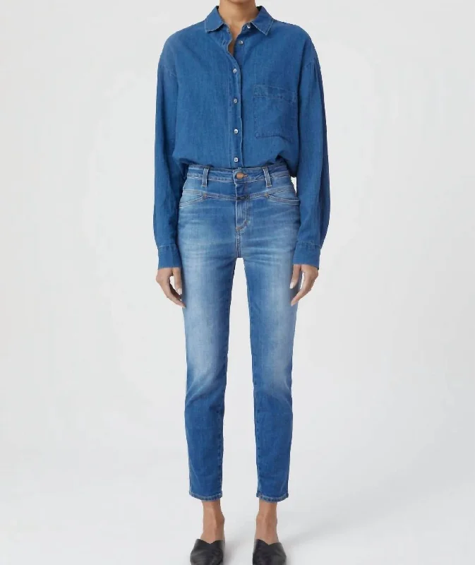 Skinny Pusher Jeans In Mid Blue Fashionable Straight Fit Denim
