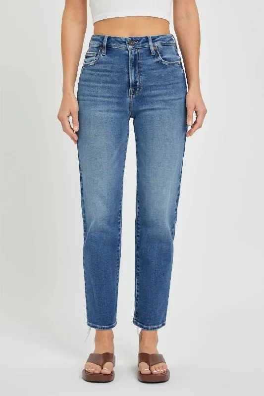 Tracey High Rise Straight Jean In Medium Dark Comfortable Faded High-Rise Jeans