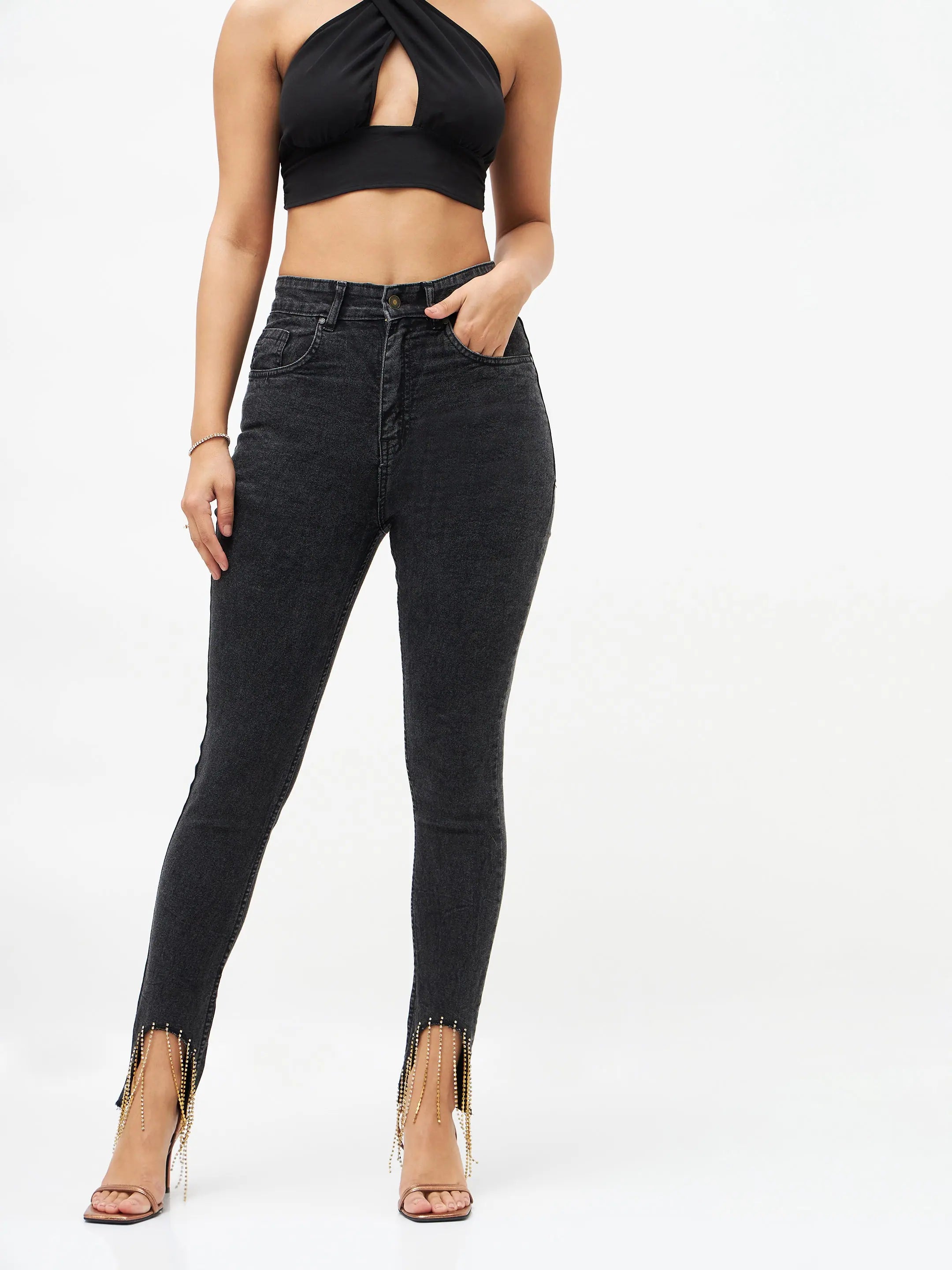Women Black Denim Diamante Hem Relax Jeans Elegant High-Waisted Flared Jeans