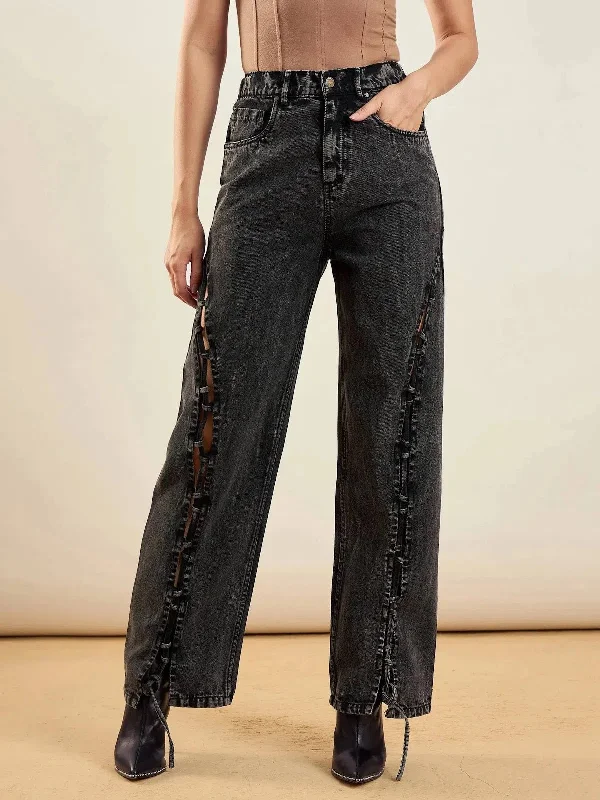 Women Black Washed Dori Insert Detail Straight Fit Jeans Comfortable Zip-Fly Denim Jeans Women Black Washed Dori Insert Detail Straight Fit Jeans Comfortable Zip-Fly Denim Jeans