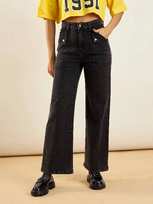 Women Black Washed Front Pocket Straight Fit Jeans Elegant Raw Hem Jeans