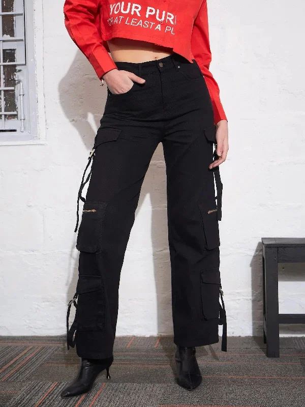 Women Black Zipper Pocket Cargo Straight Jeans Trendy Colored Denim Jeans