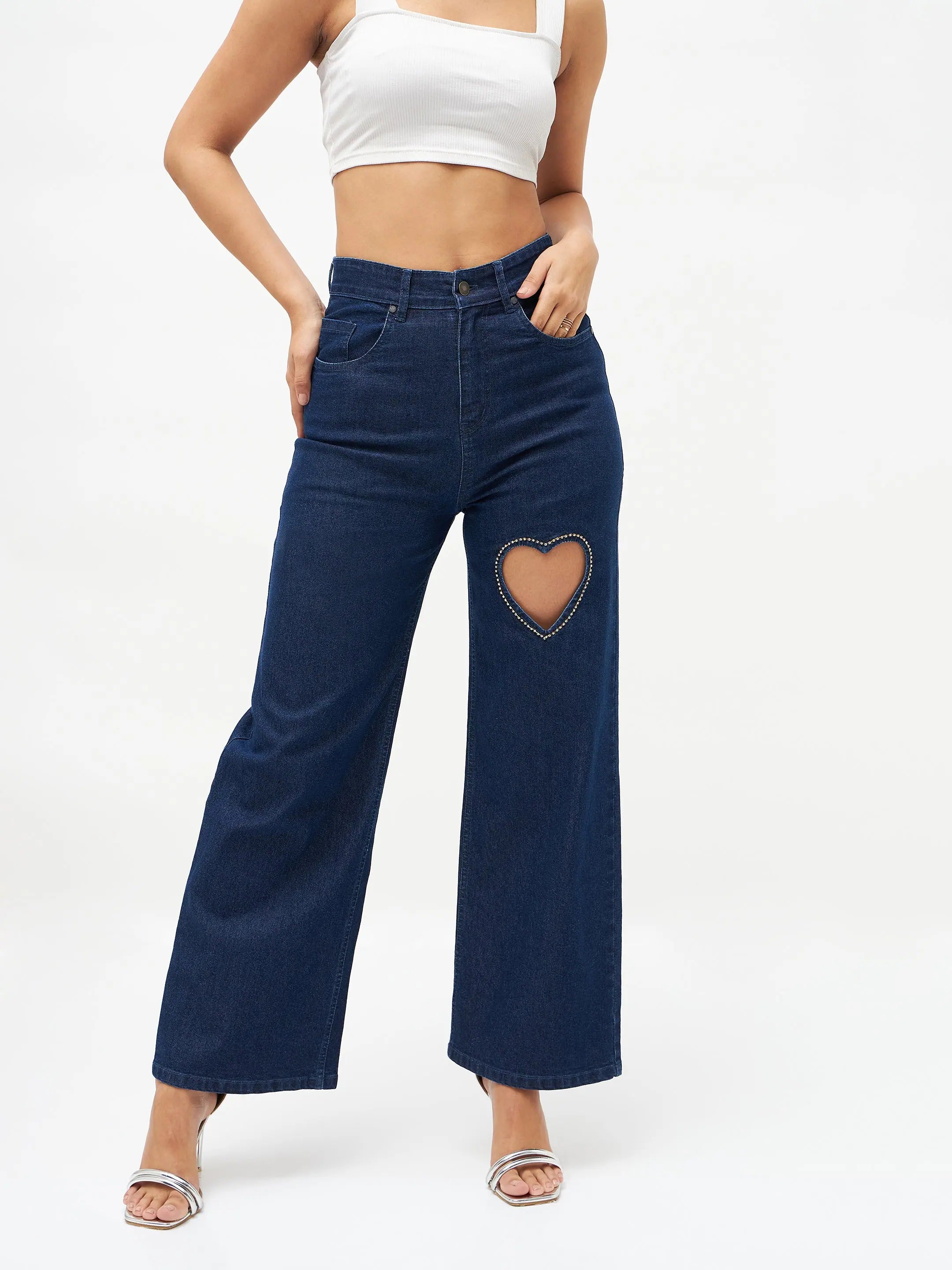 Women Blue Crystal Heart Staright Fit Jeans Trendy Wide-Legged High-Waist Jeans