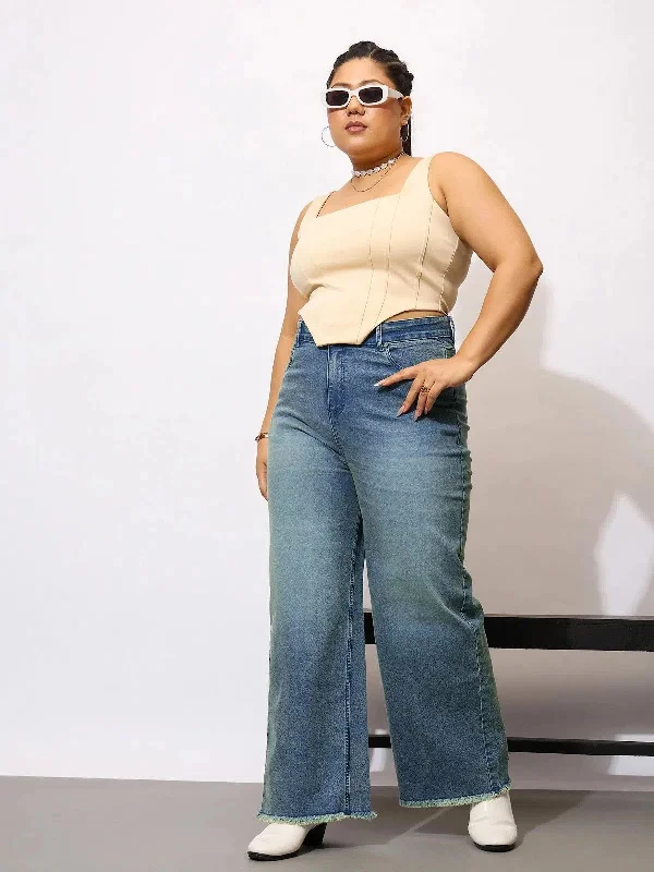 Women Blue Denim Acid Wash Raw Hem Straight Jeans Chic Ripped Jeans